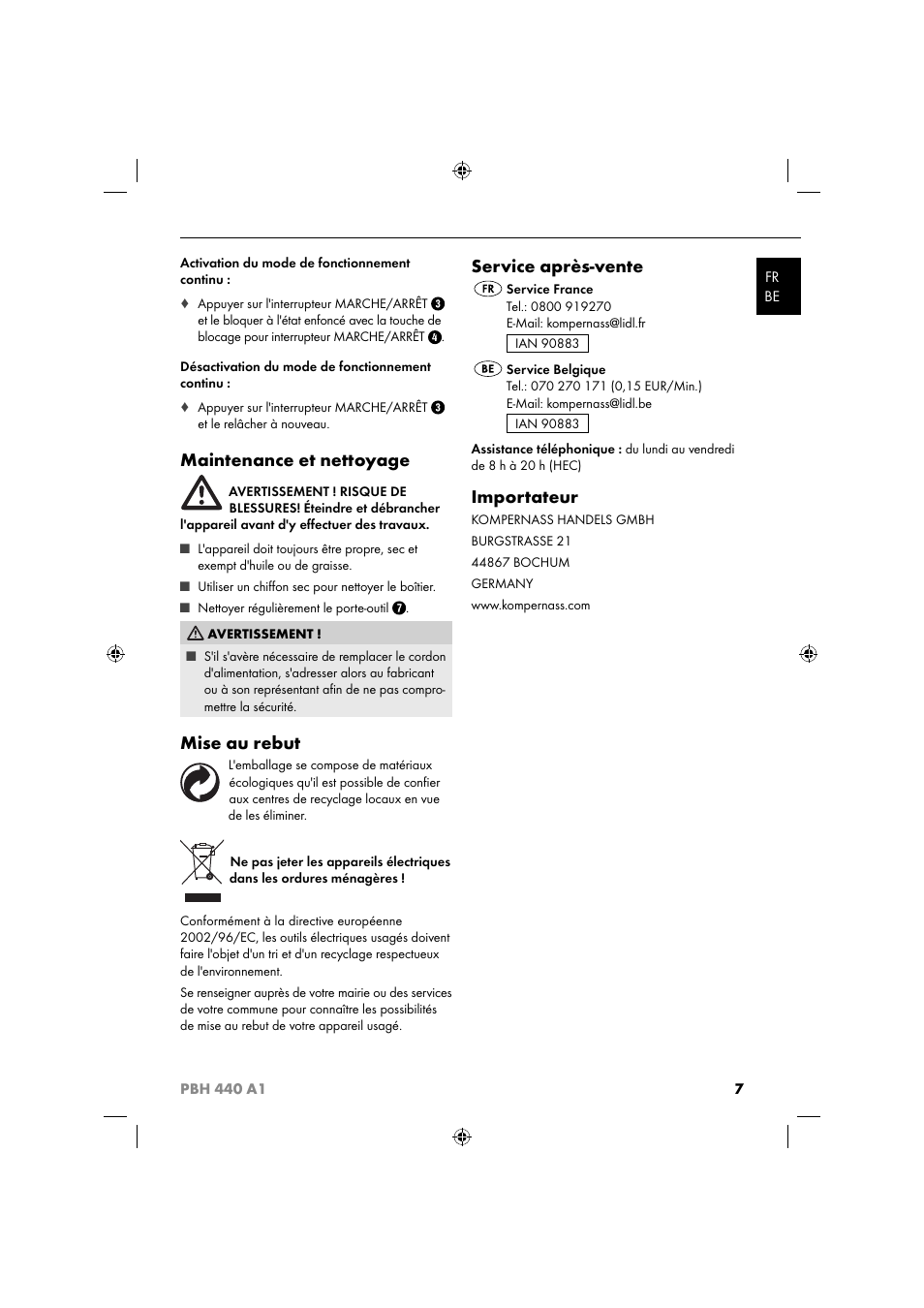 Maintenance et nettoyage, Mise au rebut, Service après-vente | Importateur | Parkside PBH 440 A1 User Manual | Page 10 / 27