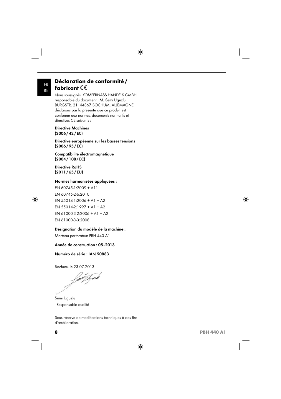 Déclaration de conformité / fabricant | Parkside PBH 440 A1 User Manual | Page 11 / 27