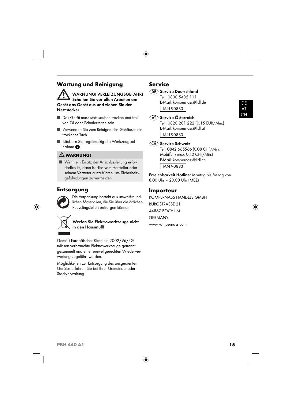 Wartung und reinigung, Entsorgung, Service | Importeur | Parkside PBH 440 A1 User Manual | Page 18 / 27