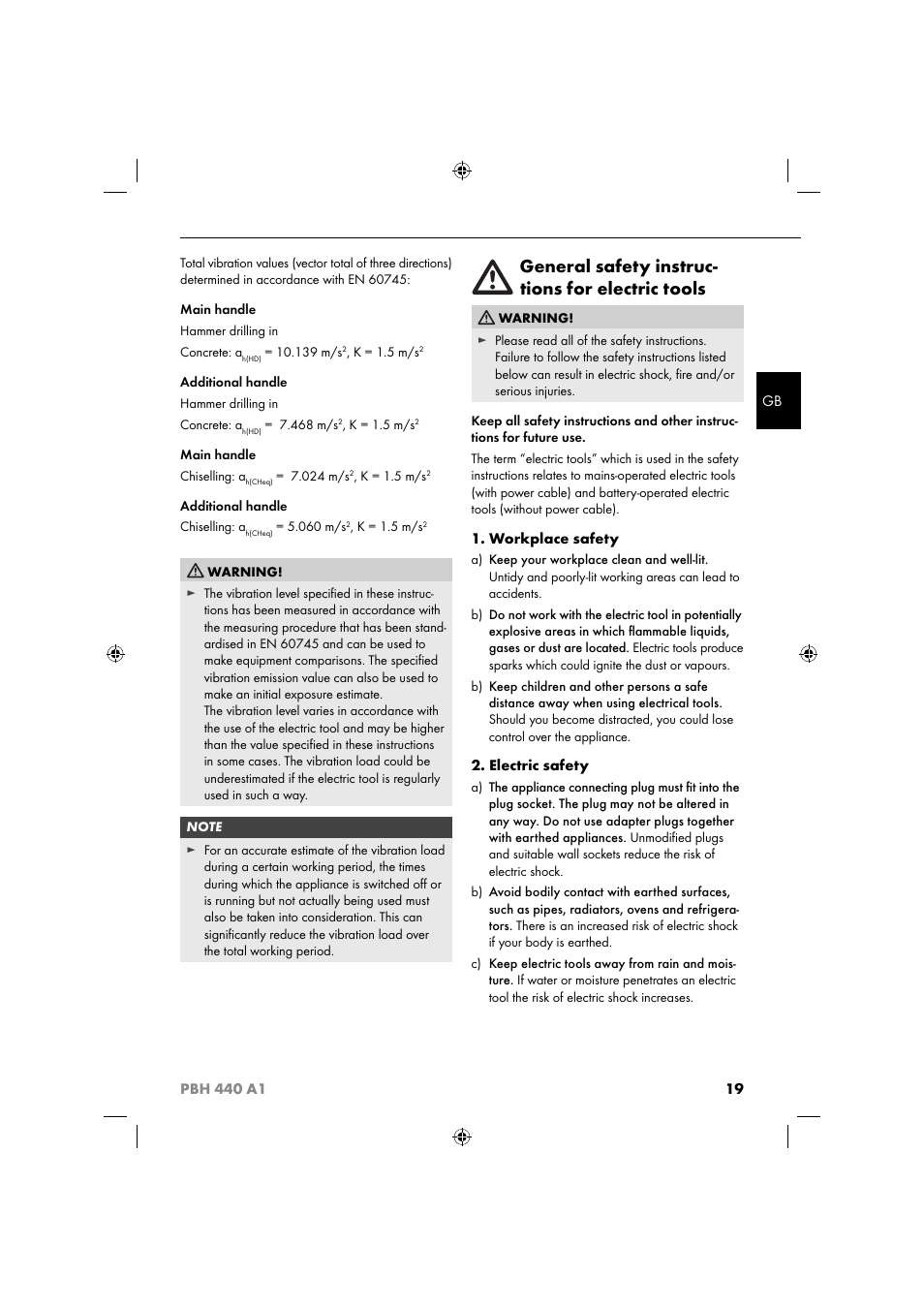 General safety instruc- tions for electric tools | Parkside PBH 440 A1 User Manual | Page 22 / 27