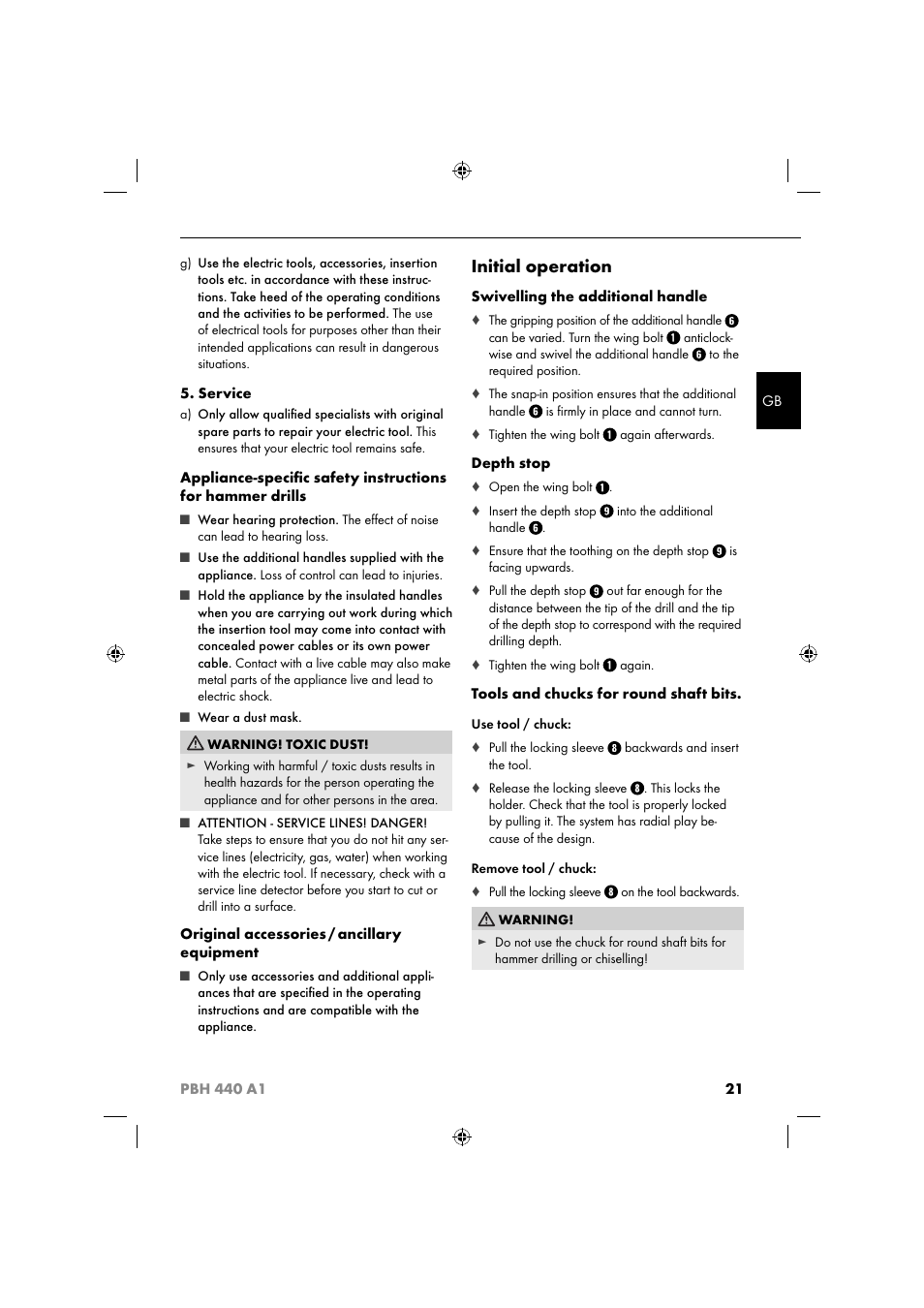 Initial operation | Parkside PBH 440 A1 User Manual | Page 24 / 27