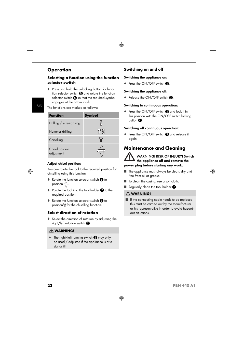 Operation, Maintenance and cleaning | Parkside PBH 440 A1 User Manual | Page 25 / 27