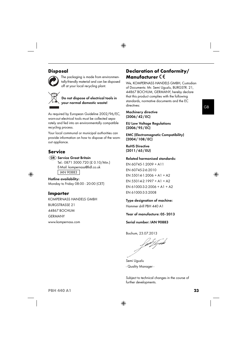 Disposal, Service, Importer | Declaration of conformity/ manufacturer | Parkside PBH 440 A1 User Manual | Page 26 / 27