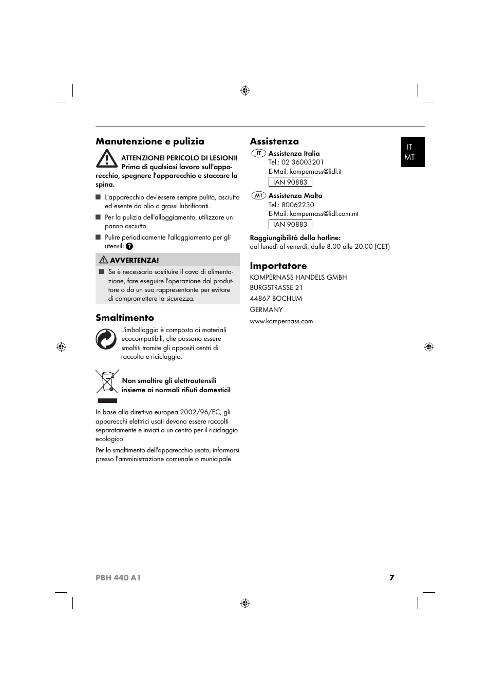 Manutenzione e pulizia, Smaltimento, Assistenza | Importatore | Parkside PBH 440 A1 User Manual | Page 10 / 36