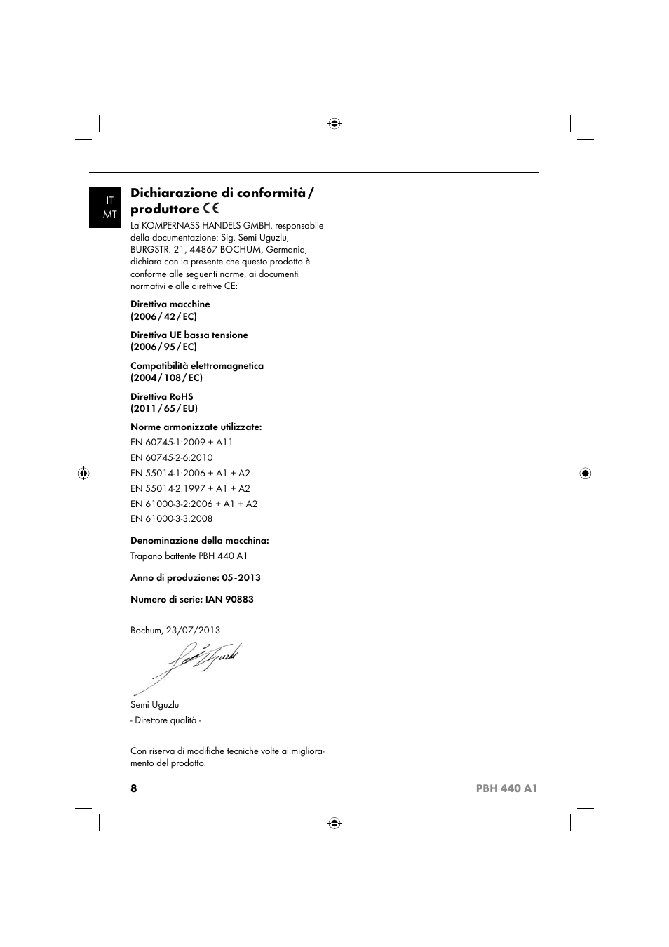 Dichiarazione di conformità / produttore | Parkside PBH 440 A1 User Manual | Page 11 / 36