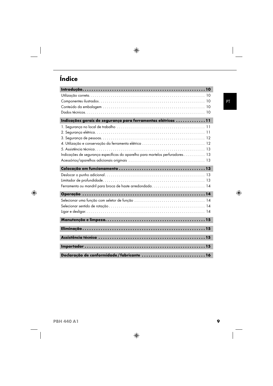 Índice | Parkside PBH 440 A1 User Manual | Page 12 / 36