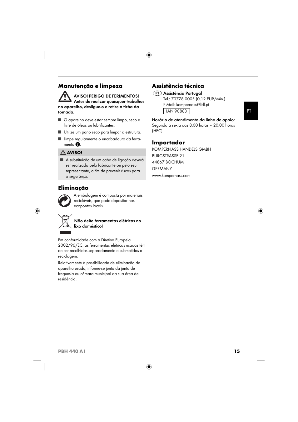 Manutenção e limpeza, Eliminação, Assistência técnica | Importador | Parkside PBH 440 A1 User Manual | Page 18 / 36