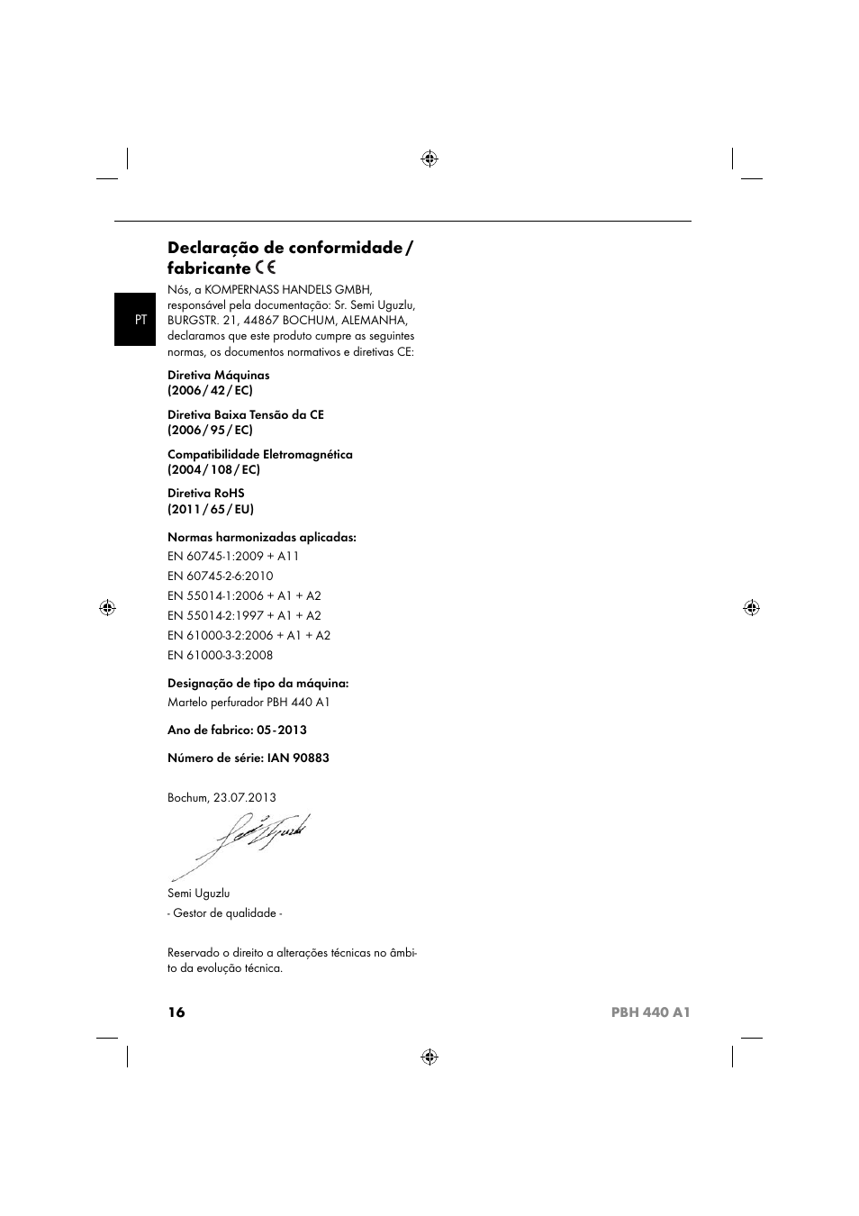 Declaração de conformidade / fabricante | Parkside PBH 440 A1 User Manual | Page 19 / 36