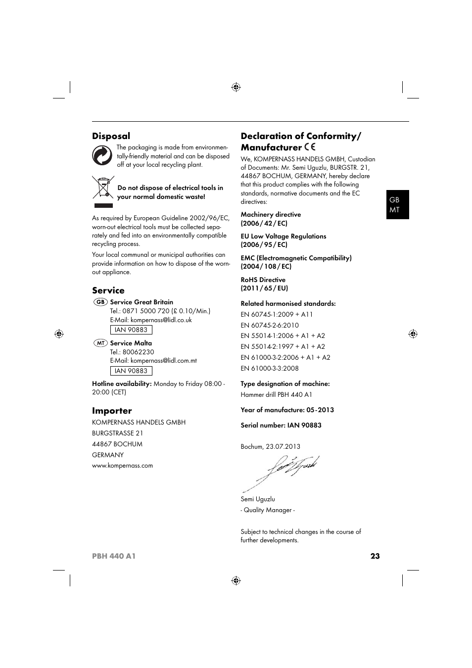 Disposal, Service, Importer | Declaration of conformity/ manufacturer | Parkside PBH 440 A1 User Manual | Page 26 / 36