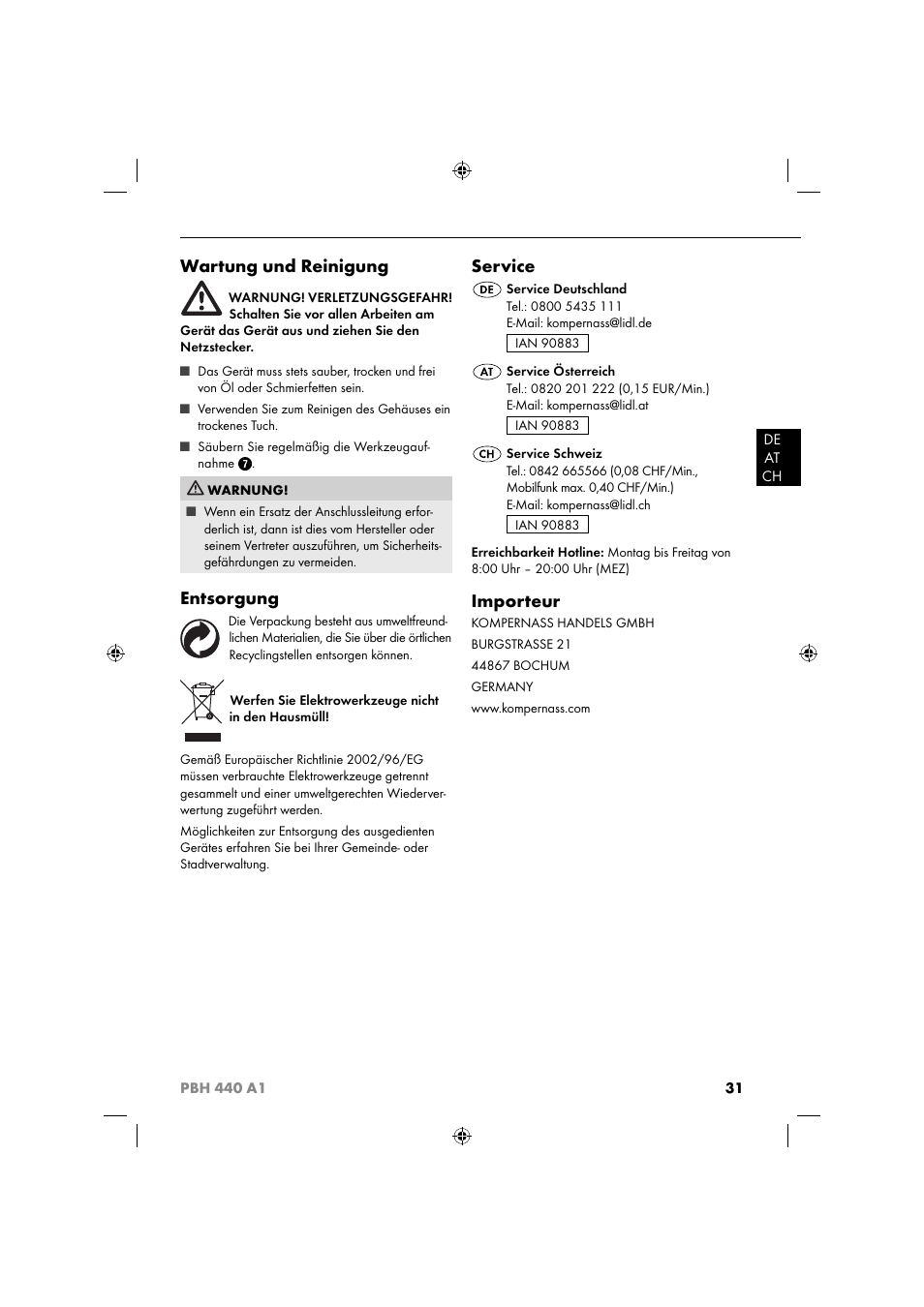 Wartung und reinigung, Entsorgung, Service | Importeur | Parkside PBH 440 A1 User Manual | Page 34 / 36