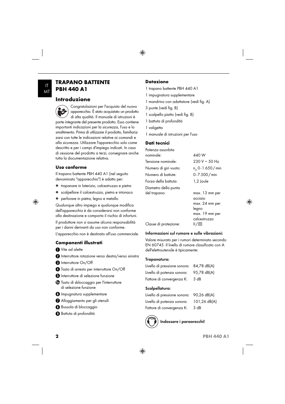 Trapano battente pbh 440 a1 introduzione | Parkside PBH 440 A1 User Manual | Page 5 / 36