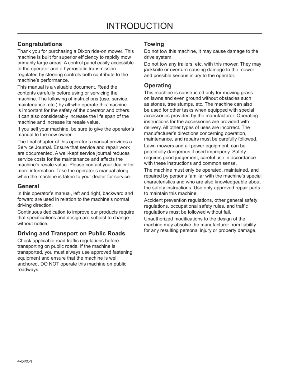 Introduction, Driving and transport on public roads, Towing | Operating | Dixon SPEEDZTR 44 User Manual | Page 4 / 80