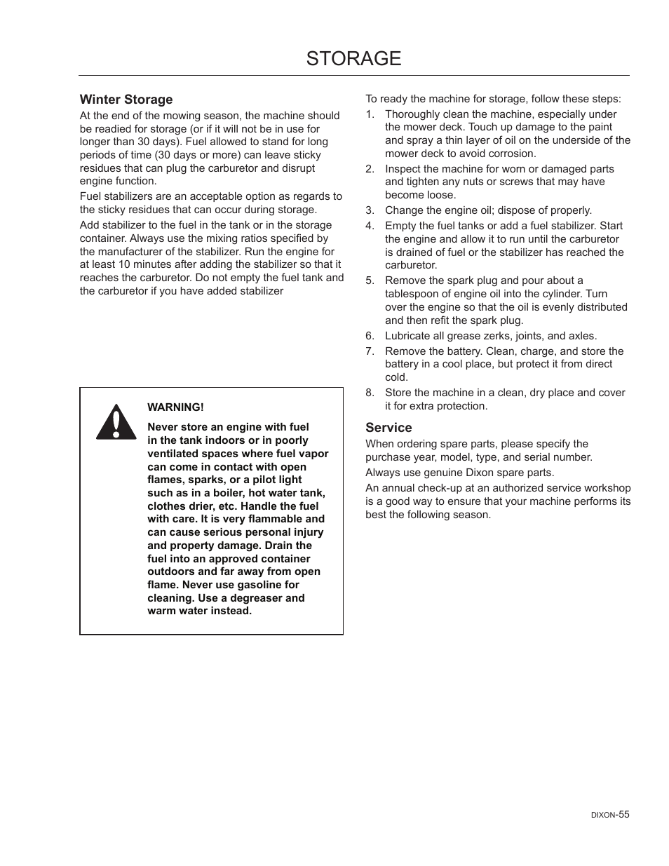 Storage, Winter storage, Service | Dixon SPEEDZTR 44 User Manual | Page 55 / 80