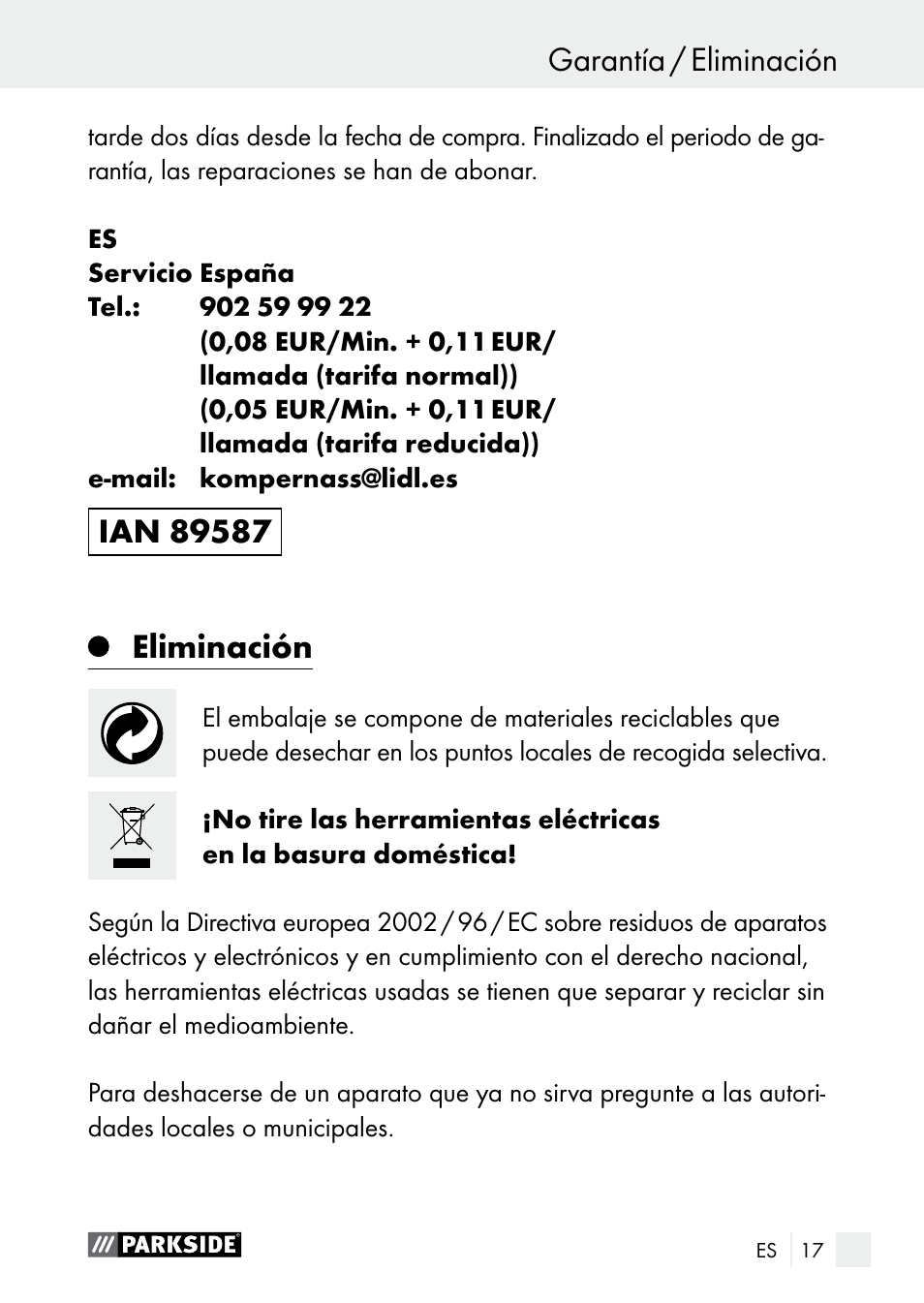 Garantía / eliminación, Eliminación, Asistencia / garantía | Parkside PGG 15 A1 User Manual | Page 17 / 84