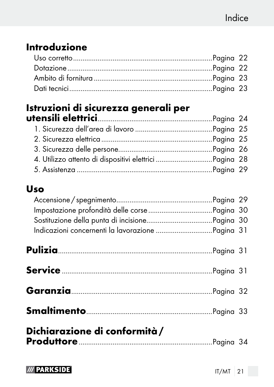 Indice introduzione, Pulizia, Service | Garanzia, Smaltimento, Dichiarazione di conformità / produttore | Parkside PGG 15 A1 User Manual | Page 21 / 84