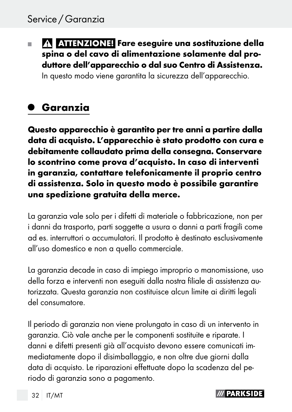 Garanzia / smaltimento service / garanzia, Garanzia | Parkside PGG 15 A1 User Manual | Page 32 / 84
