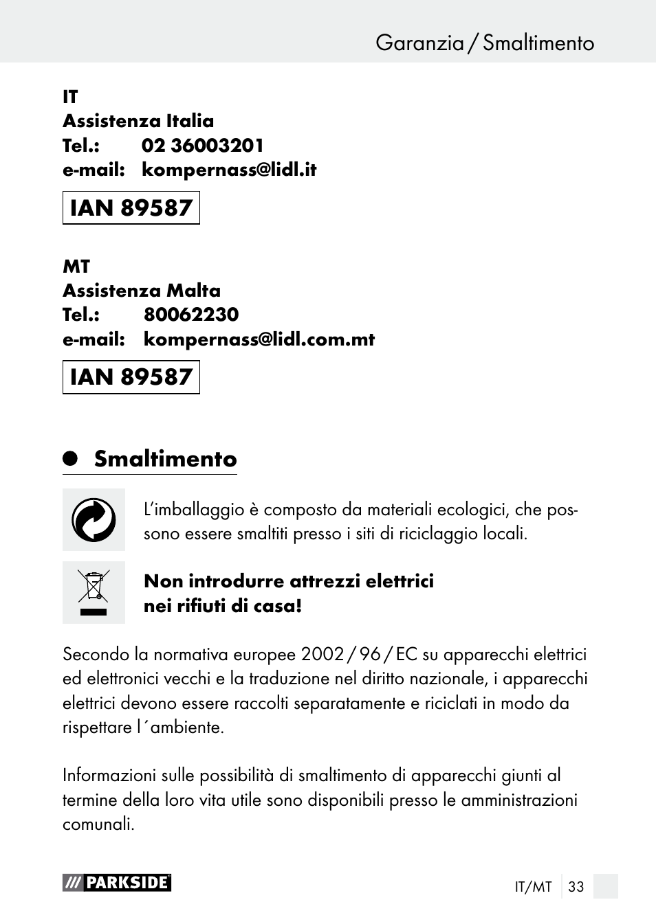 Garanzia / smaltimento service / garanzia, Smaltimento | Parkside PGG 15 A1 User Manual | Page 33 / 84
