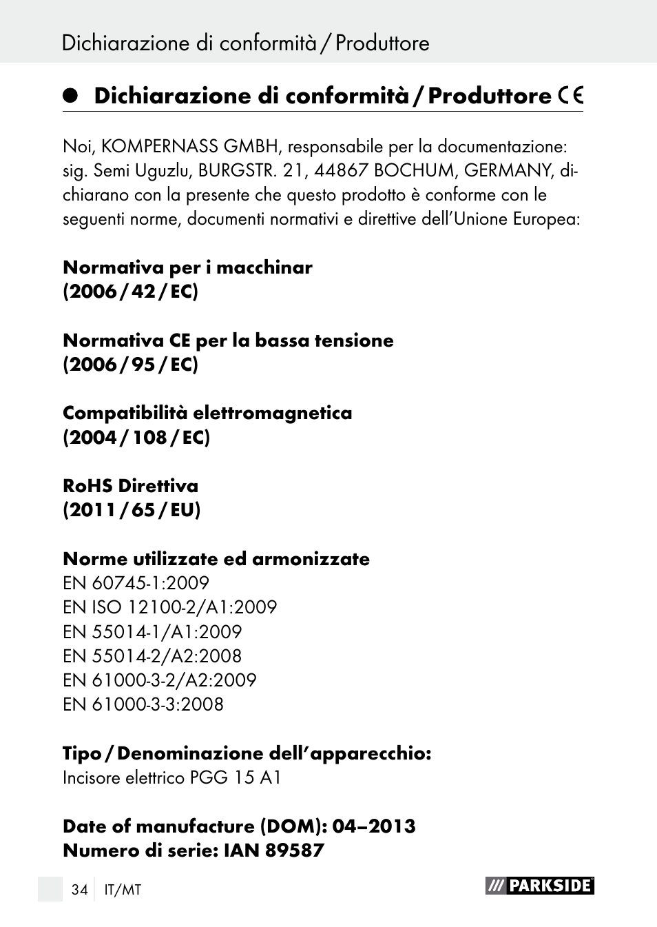 Dichiarazione di conformità / produttore | Parkside PGG 15 A1 User Manual | Page 34 / 84