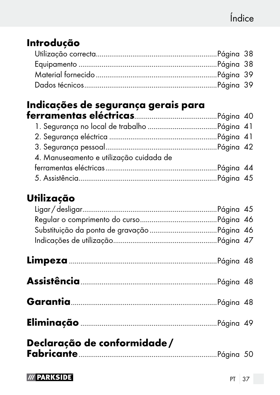 Índice introdução, Utilização, Limpeza | Assistência, Garantia, Eliminação, Declaração de conformidade / fabricante | Parkside PGG 15 A1 User Manual | Page 37 / 84
