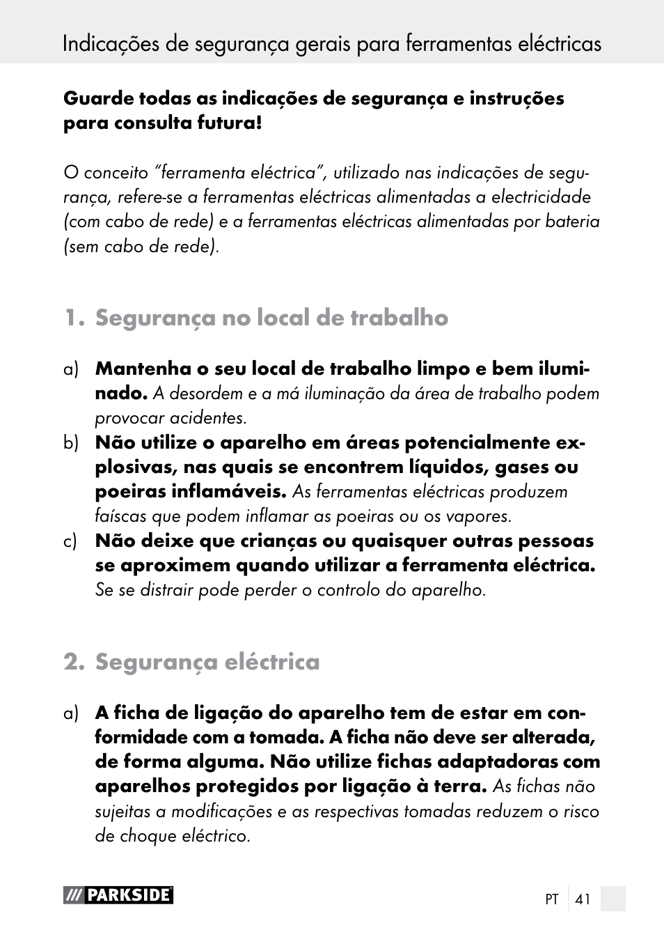 Segurança no local de trabalho, Segurança eléctrica | Parkside PGG 15 A1 User Manual | Page 41 / 84