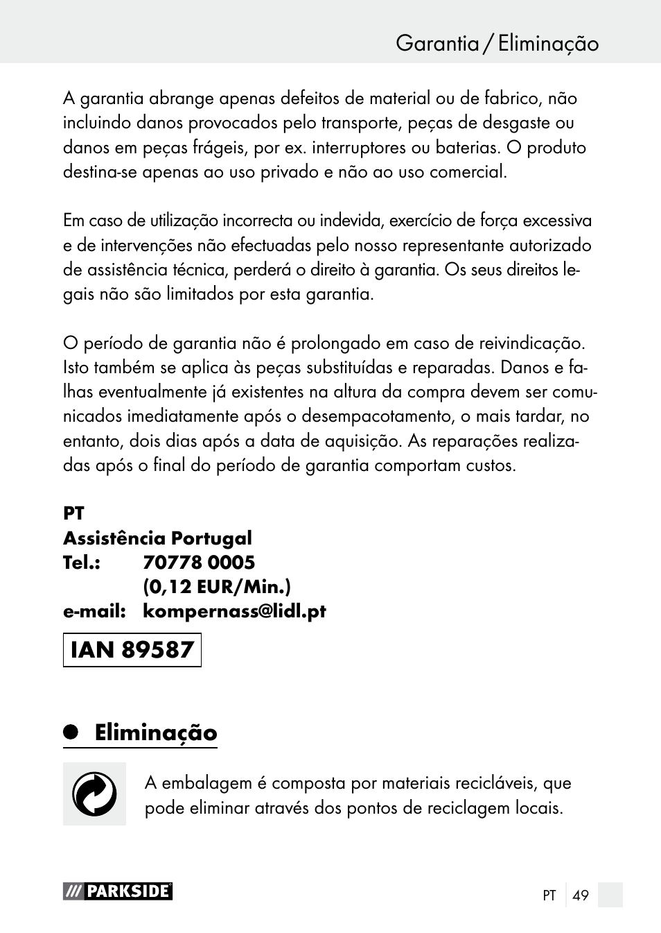 Eliminação | Parkside PGG 15 A1 User Manual | Page 49 / 84