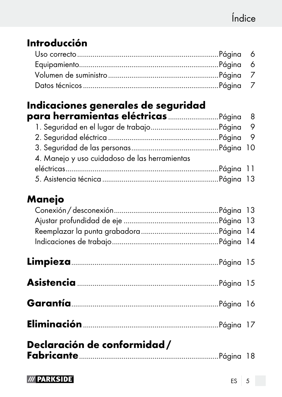 Índice introducción, Manejo, Limpieza | Asistencia, Garantía, Eliminación, Declaración de conformidad / fabricante | Parkside PGG 15 A1 User Manual | Page 5 / 84
