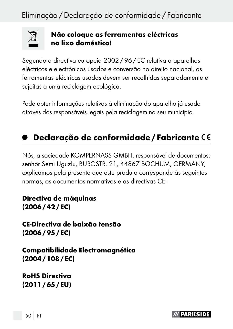 Declaração de conformidade / fabricante | Parkside PGG 15 A1 User Manual | Page 50 / 84