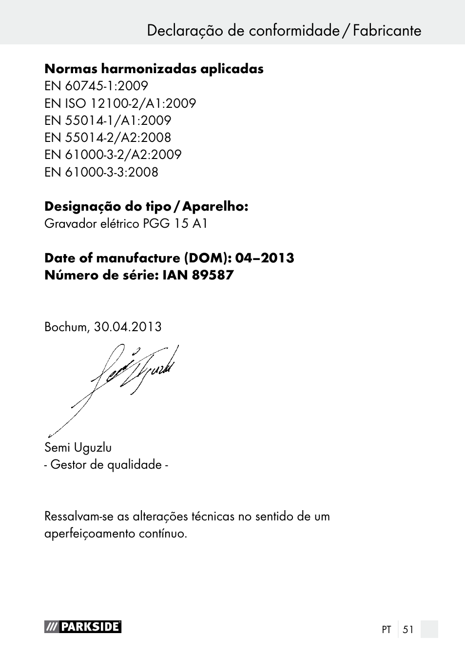 Declaração de conformidade / fabricante | Parkside PGG 15 A1 User Manual | Page 51 / 84