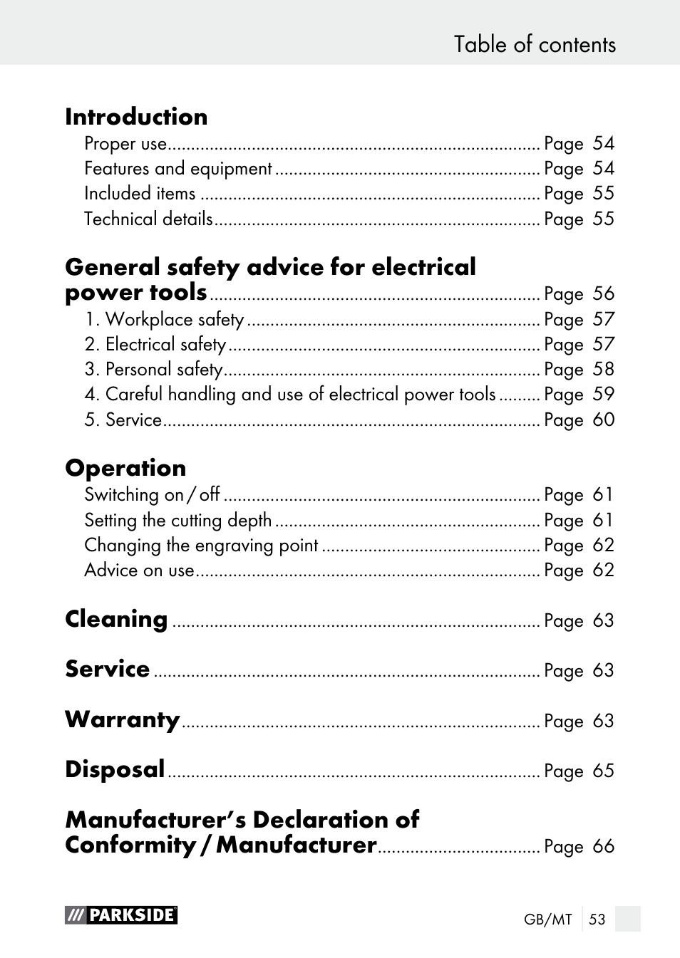 Table of contents introduction, General safety advice for electrical power tools, Operation | Cleaning, Service, Warranty, Disposal | Parkside PGG 15 A1 User Manual | Page 53 / 84