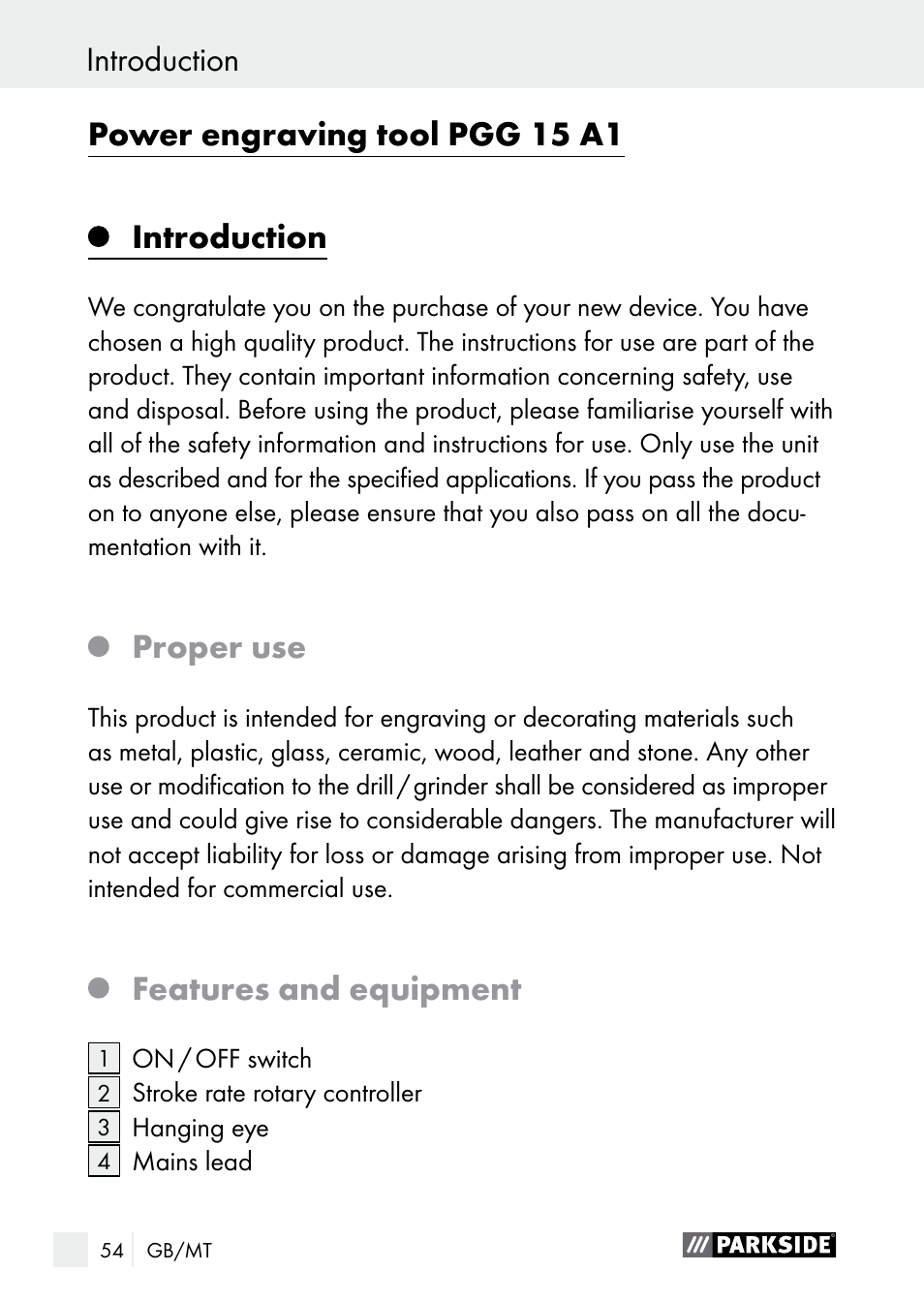 Introduction, Introduction power engraving tool pgg 15 a1, Proper use | Features and equipment | Parkside PGG 15 A1 User Manual | Page 54 / 84