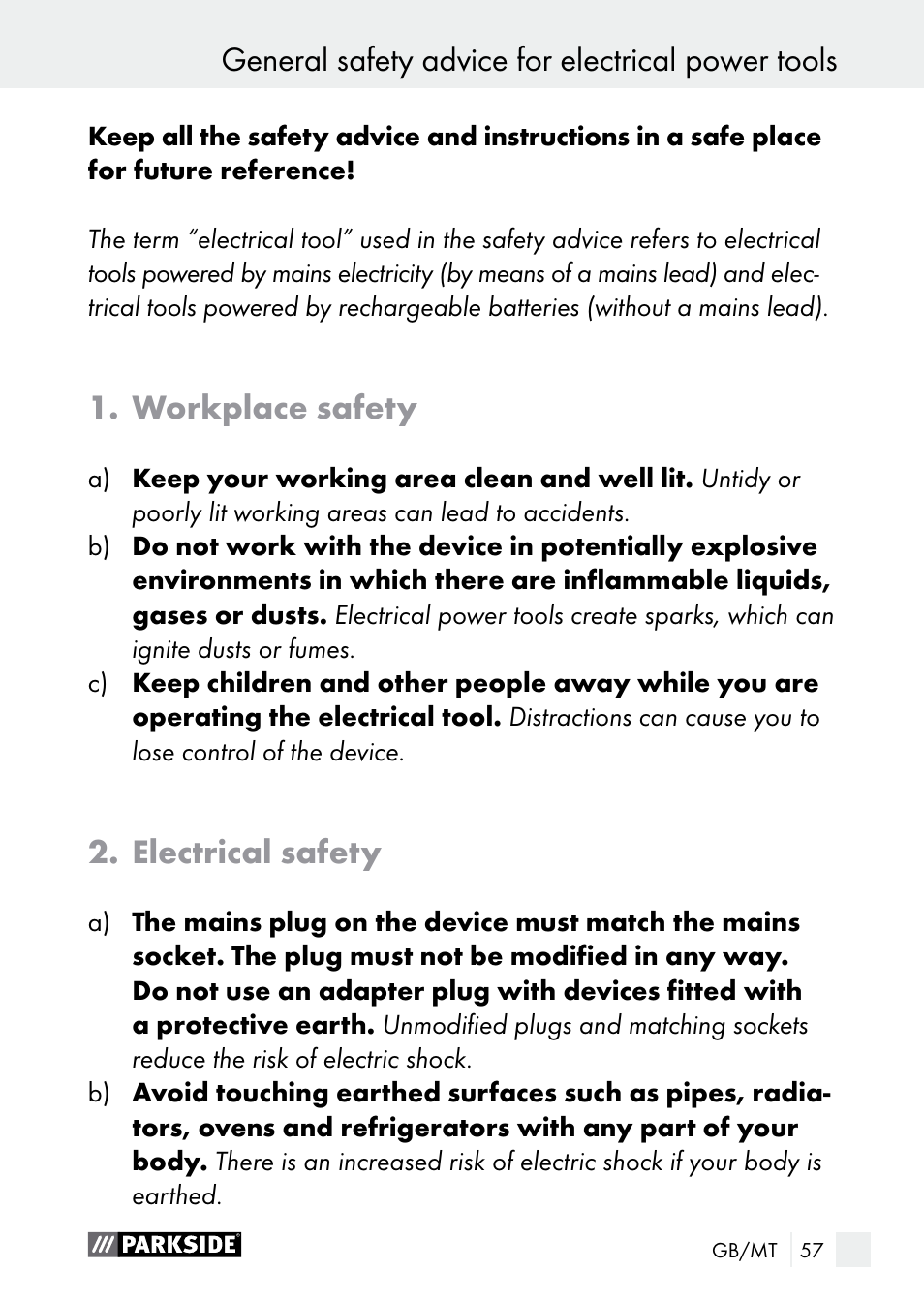 Workplace safety, Electrical safety | Parkside PGG 15 A1 User Manual | Page 57 / 84