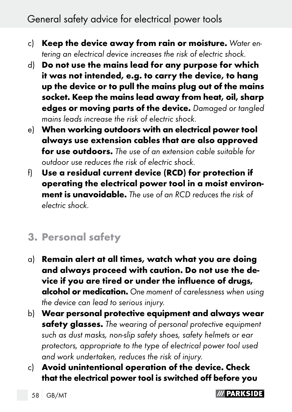 General safety advice for electrical power tools, Personal safety | Parkside PGG 15 A1 User Manual | Page 58 / 84