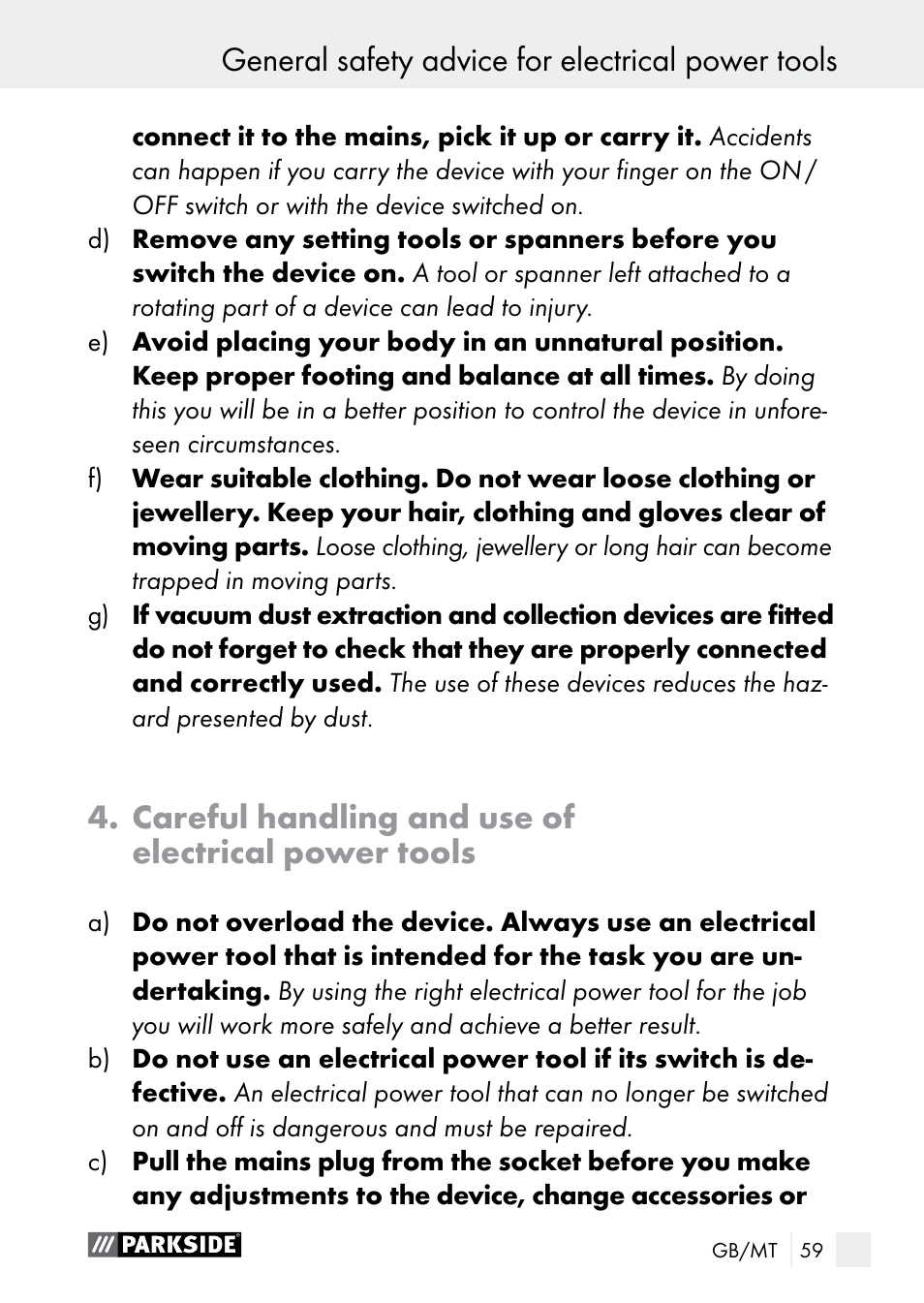General safety advice for electrical power tools, Careful handling and use of electrical power tools | Parkside PGG 15 A1 User Manual | Page 59 / 84