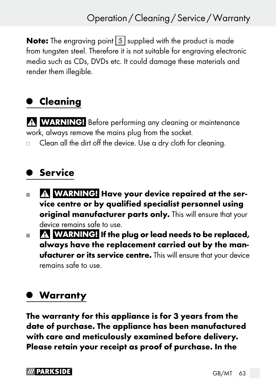 Cleaning, Service, Warranty | Parkside PGG 15 A1 User Manual | Page 63 / 84