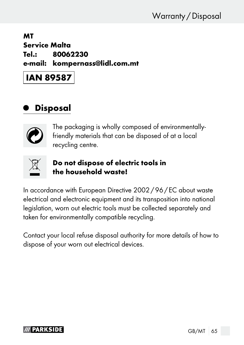 Warranty / disposal warranty, Disposal | Parkside PGG 15 A1 User Manual | Page 65 / 84