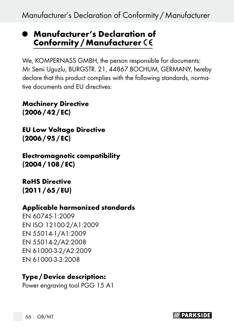 Parkside PGG 15 A1 User Manual | Page 66 / 84