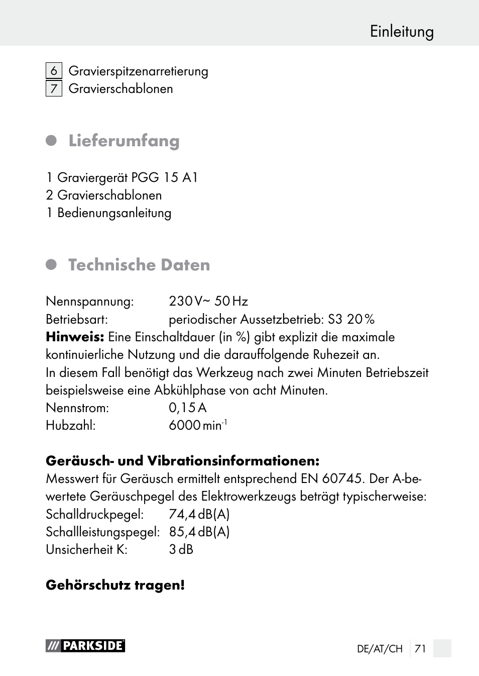 Einleitung, Lieferumfang, Technische daten | Parkside PGG 15 A1 User Manual | Page 71 / 84