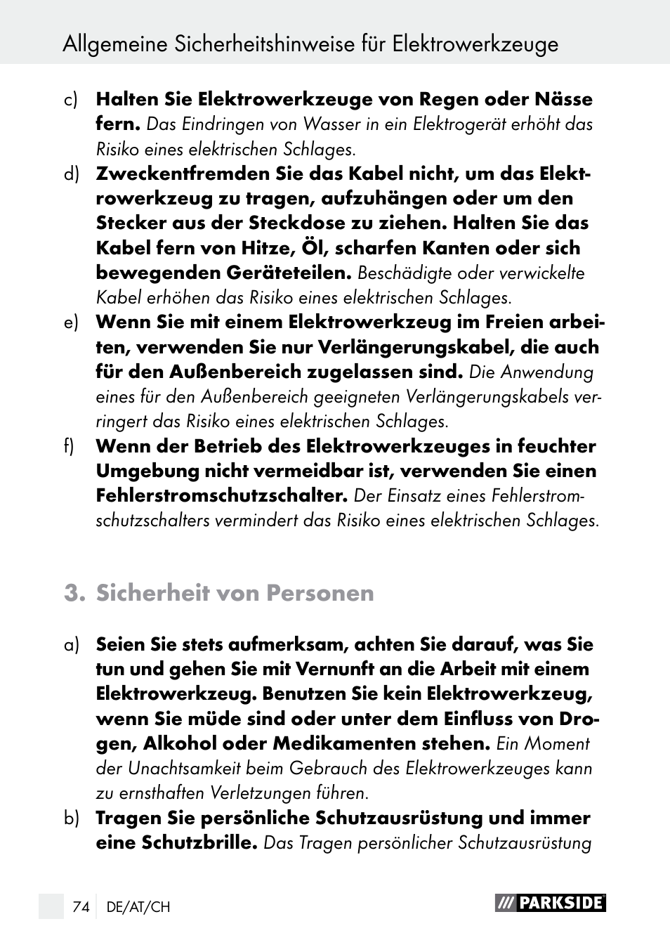 Sicherheit von personen | Parkside PGG 15 A1 User Manual | Page 74 / 84