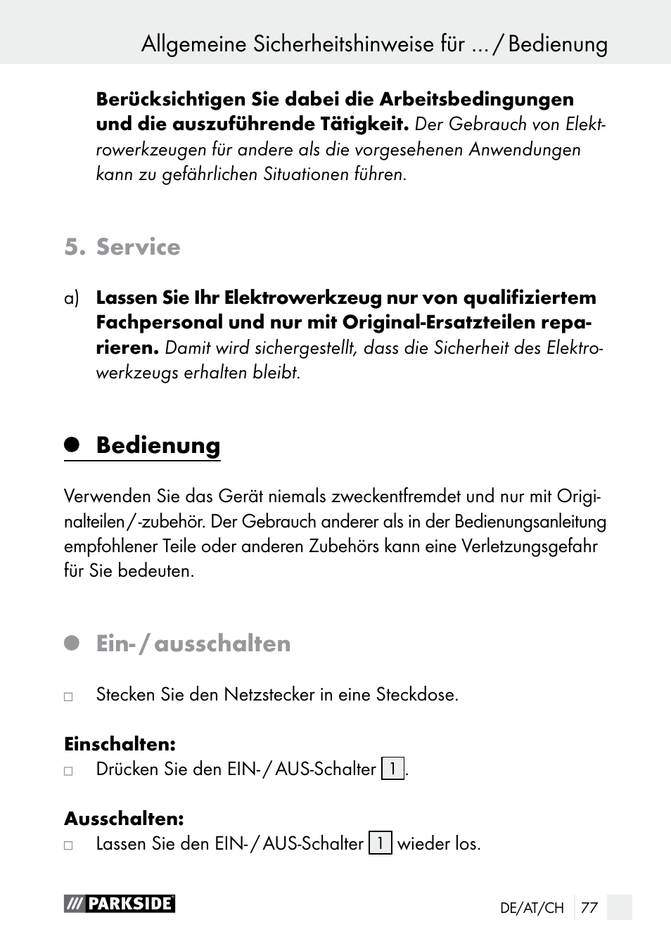 Service, Bedienung, Ein- / ausschalten | Allgemeine sicherheitshinweise für … / bedienung | Parkside PGG 15 A1 User Manual | Page 77 / 84