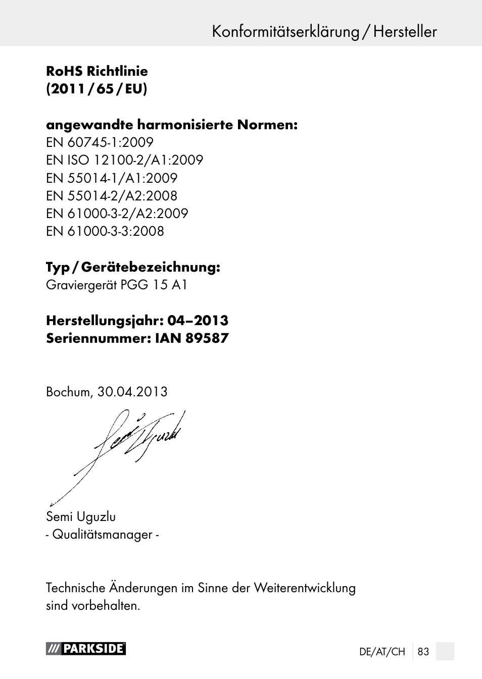Entsorgung / konformitätserklärung / hersteller, Konformitätserklärung / hersteller | Parkside PGG 15 A1 User Manual | Page 83 / 84