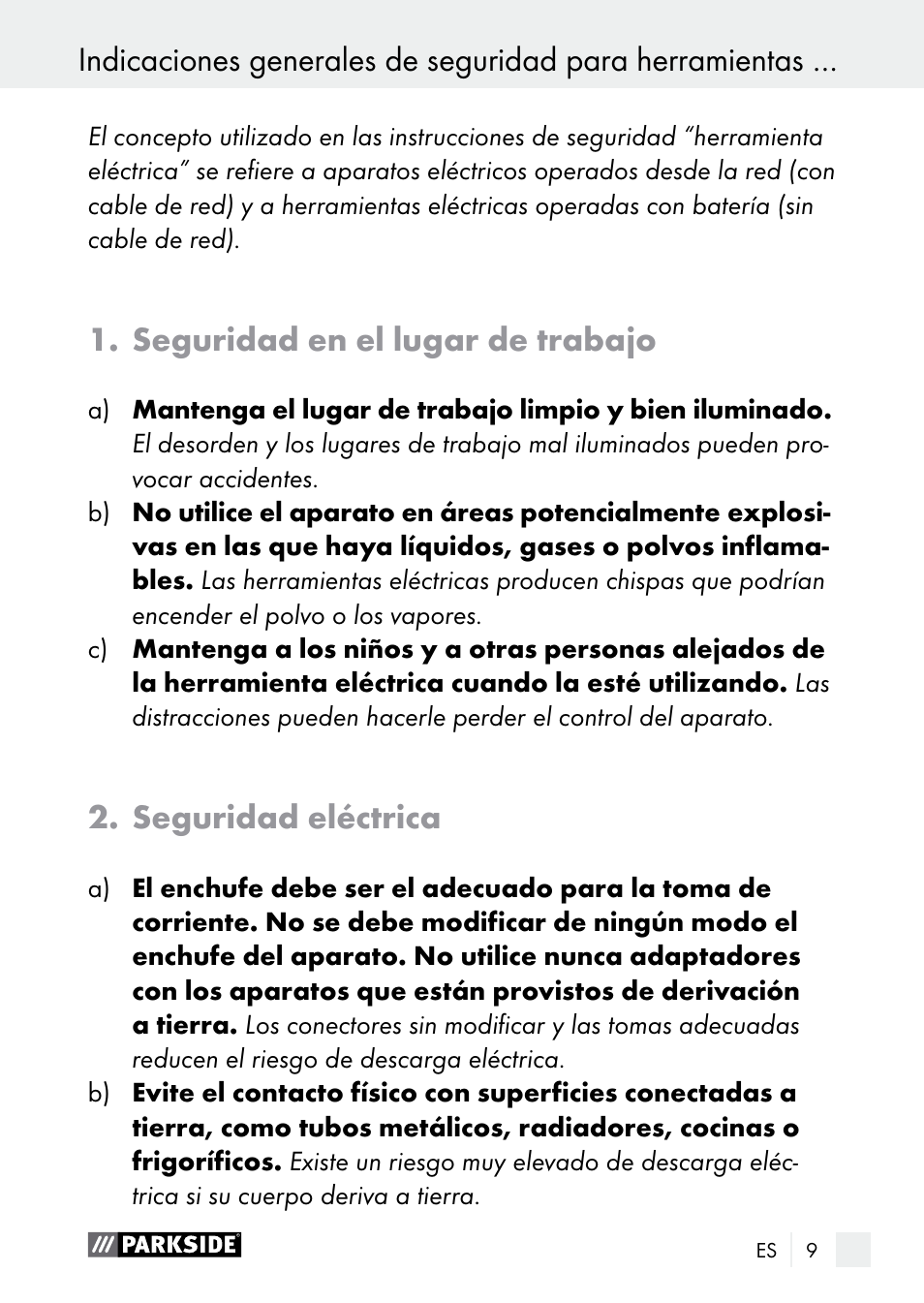 Seguridad en el lugar de trabajo, Seguridad eléctrica, Indicaciones generales de seguridad para | Parkside PGG 15 A1 User Manual | Page 9 / 84