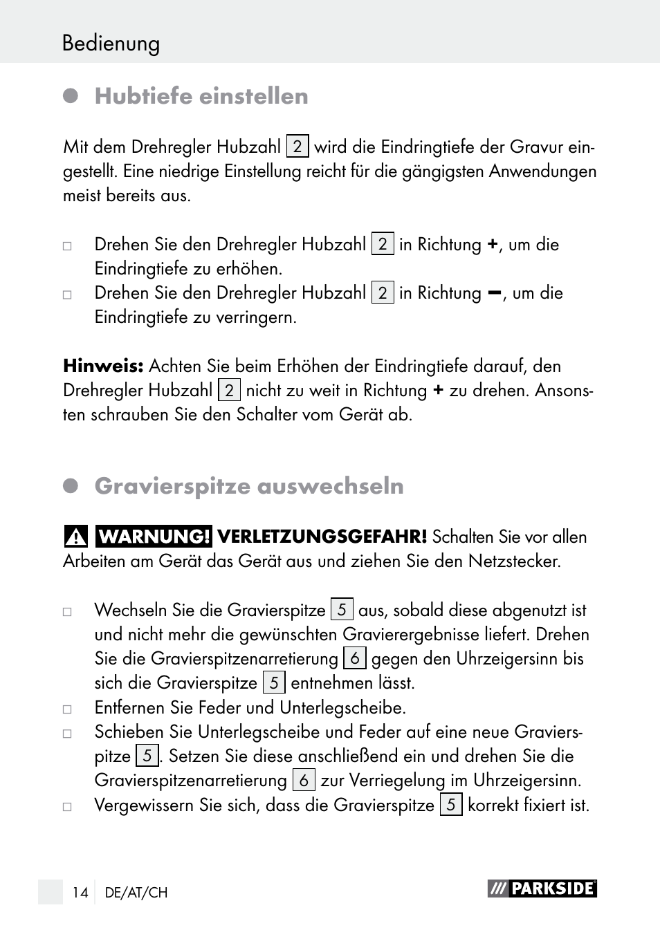 Hubtiefe einstellen, Gravierspitze auswechseln, Bedienung / reinigung / service bedienung | Parkside PGG 15 A1 User Manual | Page 14 / 67