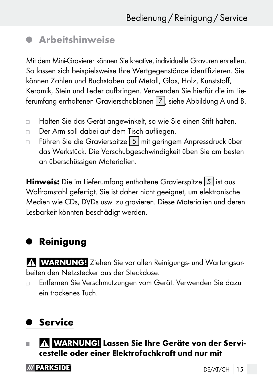 Arbeitshinweise, Reinigung, Service | Bedienung / reinigung / service bedienung | Parkside PGG 15 A1 User Manual | Page 15 / 67