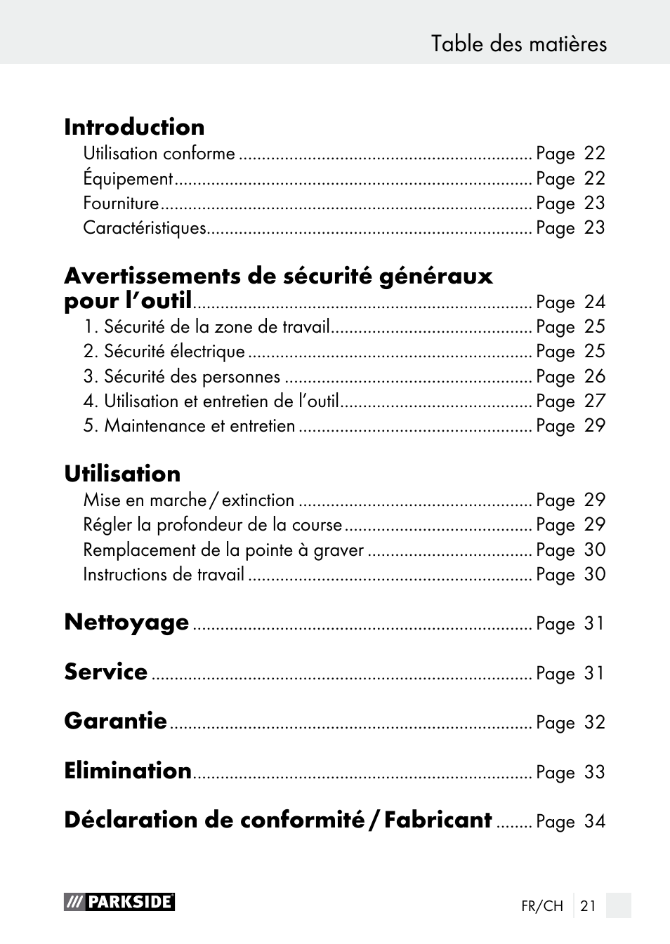 Avertissements de sécurité généraux pour l’outil, Utilisation, Nettoyage | Service, Garantie, Elimination, Déclaration de conformité / fabricant | Parkside PGG 15 A1 User Manual | Page 21 / 67
