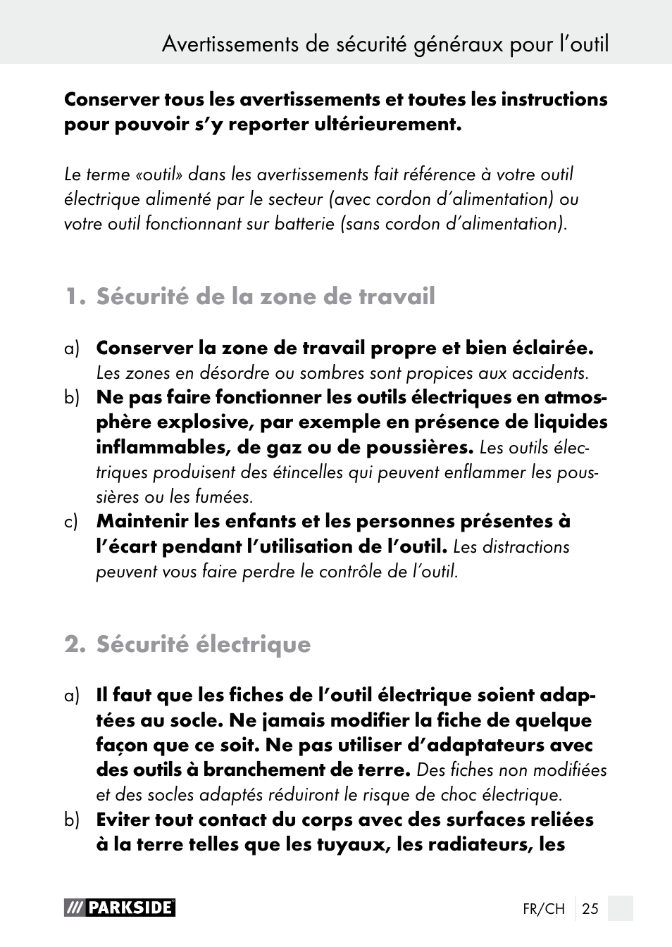 Avertissements de sécurité généraux pour l’outil, Sécurité de la zone de travail, Sécurité électrique | Parkside PGG 15 A1 User Manual | Page 25 / 67