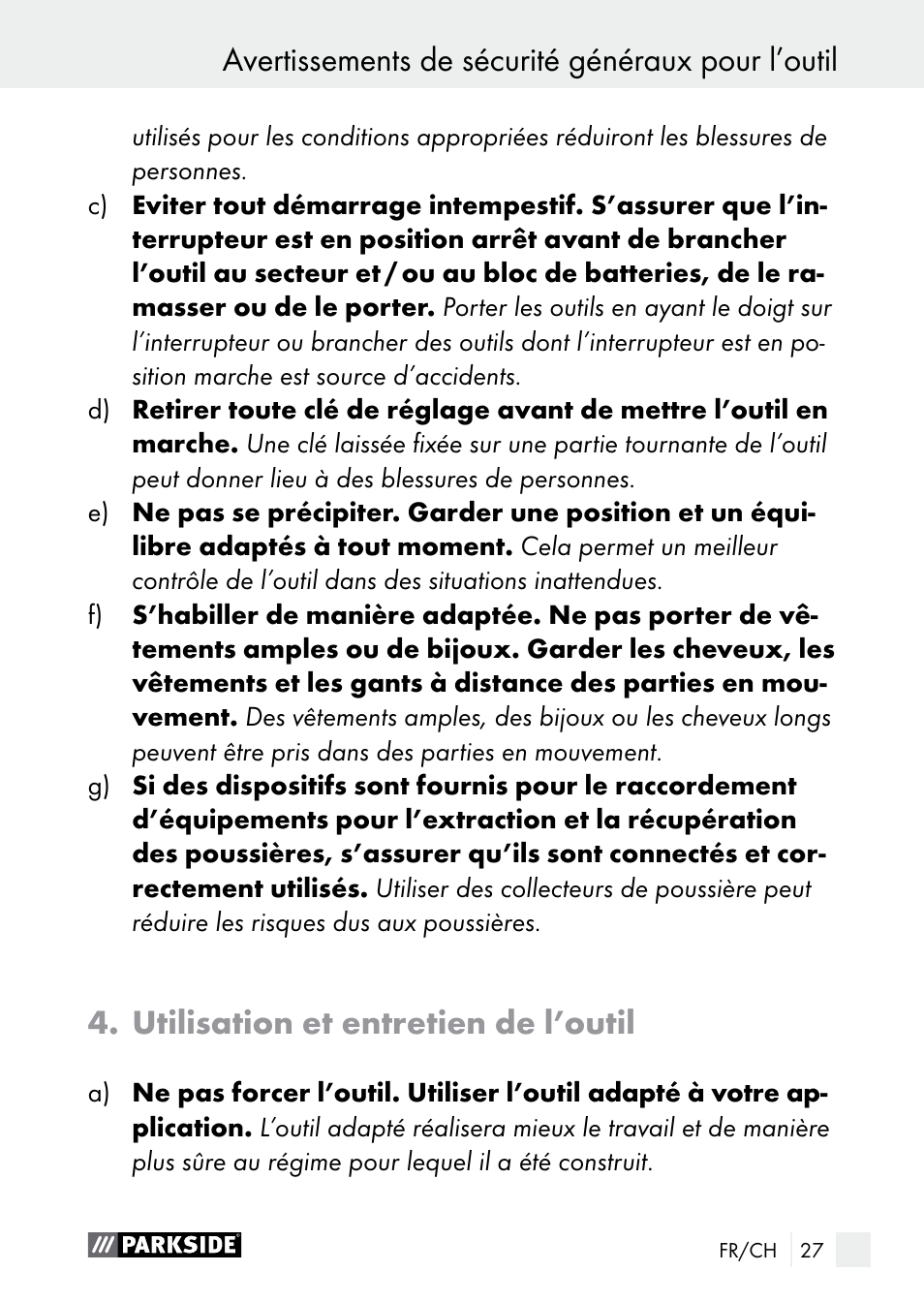 Avertissements de sécurité généraux pour l’outil, Utilisation et entretien de l’outil | Parkside PGG 15 A1 User Manual | Page 27 / 67