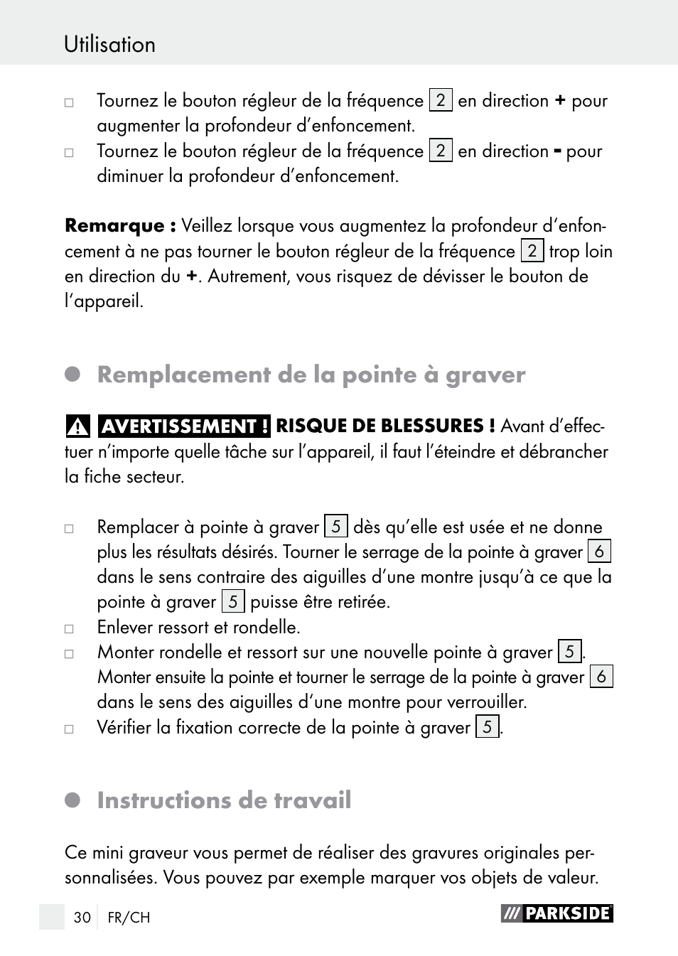 Utilisation / nettoyage / service utilisation, Remplacement de la pointe à graver, Instructions de travail | Parkside PGG 15 A1 User Manual | Page 30 / 67