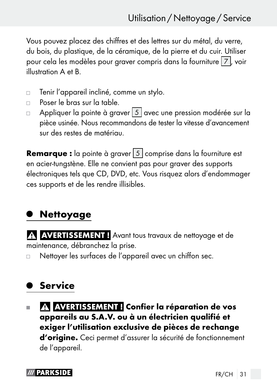 Utilisation / nettoyage / service, Nettoyage, Service | Utilisation | Parkside PGG 15 A1 User Manual | Page 31 / 67