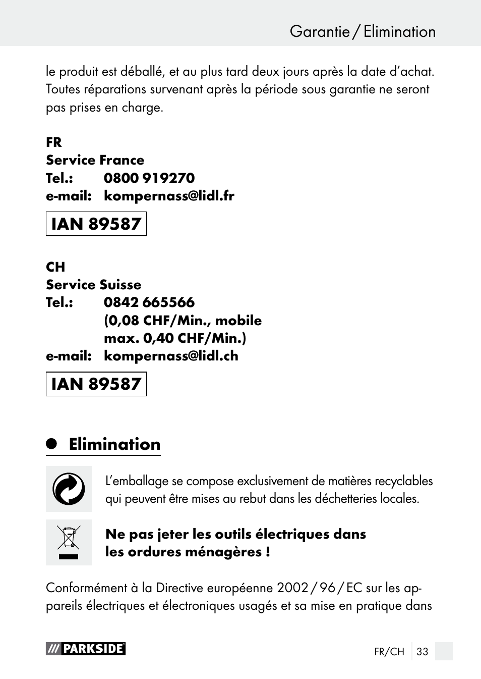 Garantie / elimination, Elimination, Service / garantie | Parkside PGG 15 A1 User Manual | Page 33 / 67