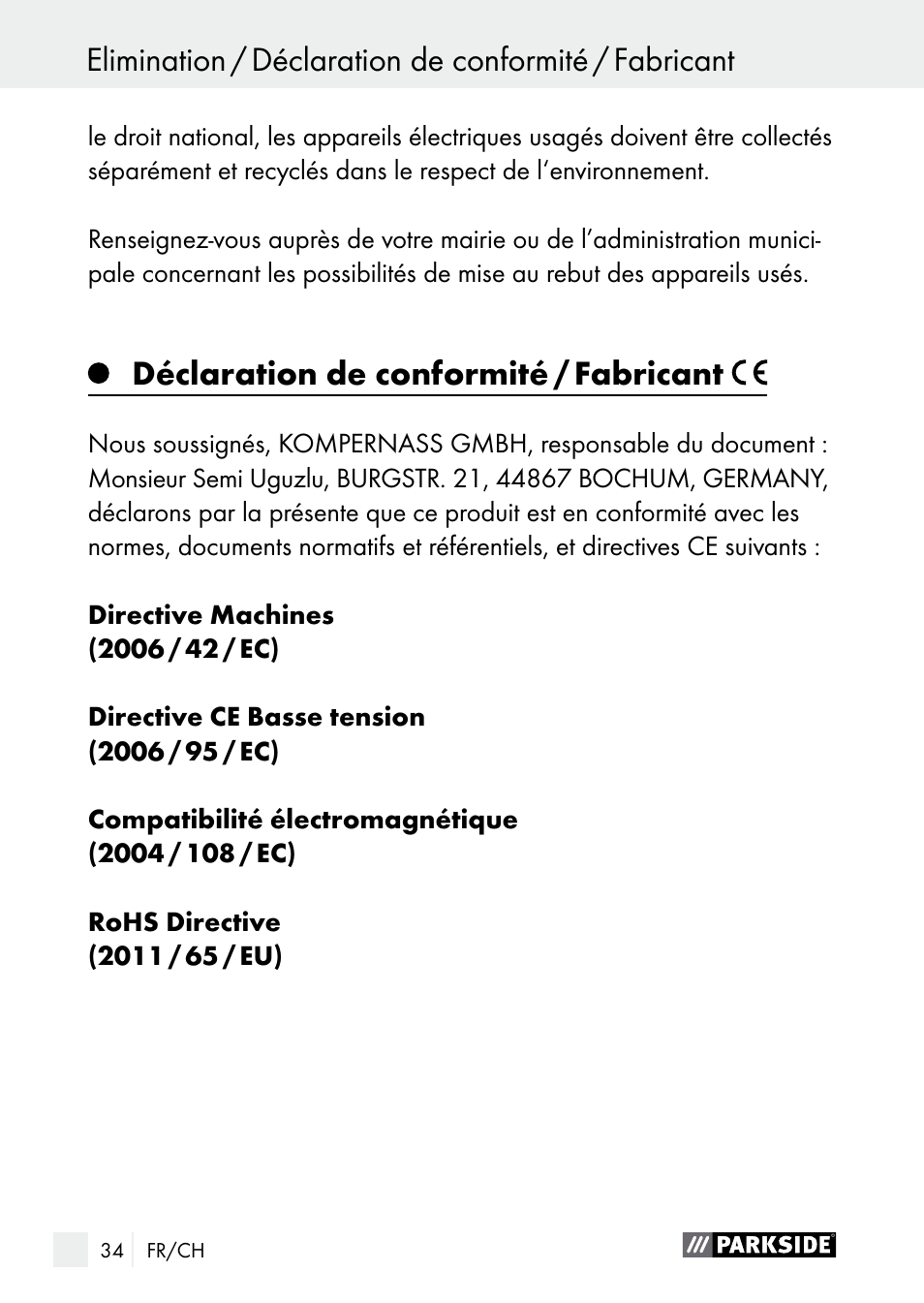 Déclaration de conformité / fabricant | Parkside PGG 15 A1 User Manual | Page 34 / 67